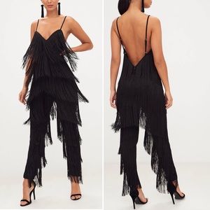 Pretty Little Thing Black Tassel Plunge Jumpsuit